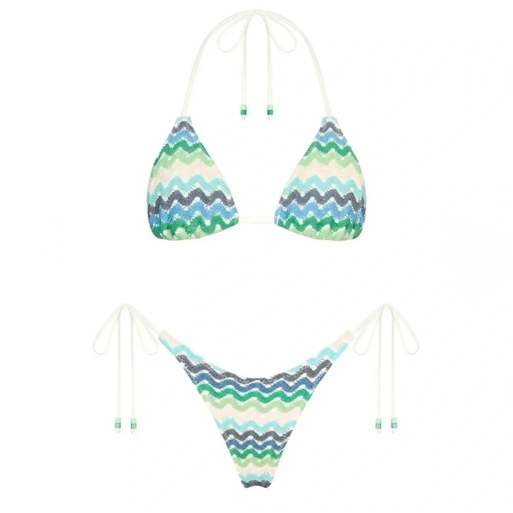 NWT OneOne Swimwear Bikini Set Ithaca Knit Crochet Medium XS New Blue Green - Picture 7 of 7